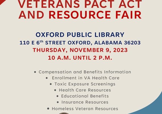 Join the Birmingham VA Health Care System and other resource providers for a Veterans PACT Act and Resource Fair Thursday, November 9, 2023, 10 a.m. to 2 p.m. at the Oxford Public Library, 110 E 6th Street, Oxford, AL 36203.